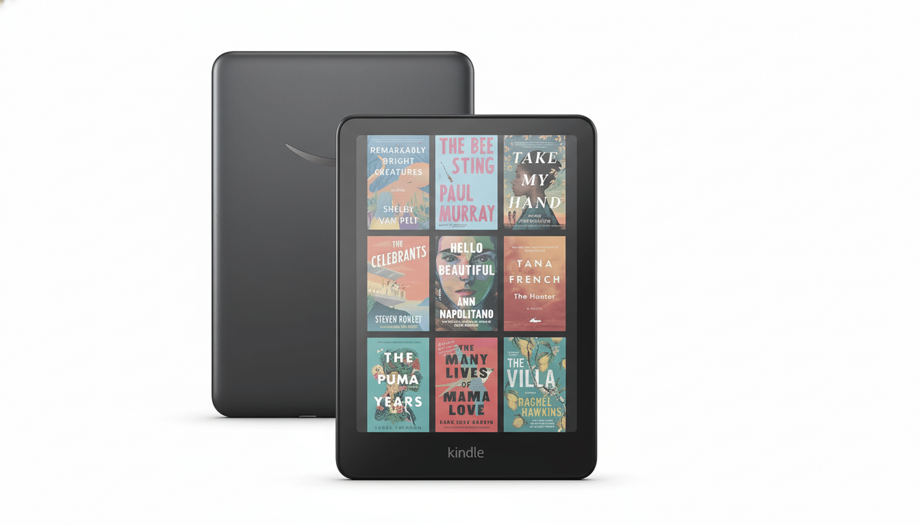A black Kindle e-reader displaying nine book covers on its screen, with another black Kindle device positioned behind it, all set against a clean white background.