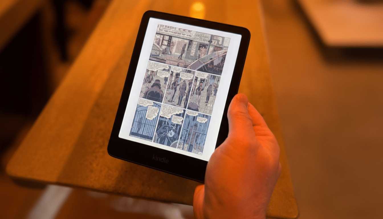 A hand holding a Kindle e-reader displaying a comic book page, resized to a 16:9 aspect ratio with the original background maintained.