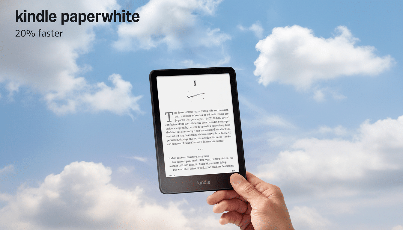 A hand holding a Kindle Paperwhite e-reader with text displayed on its screen, set against a cloudy blue sky. The top left corner of the image has text that reads kindle paperwhite 20% faster.