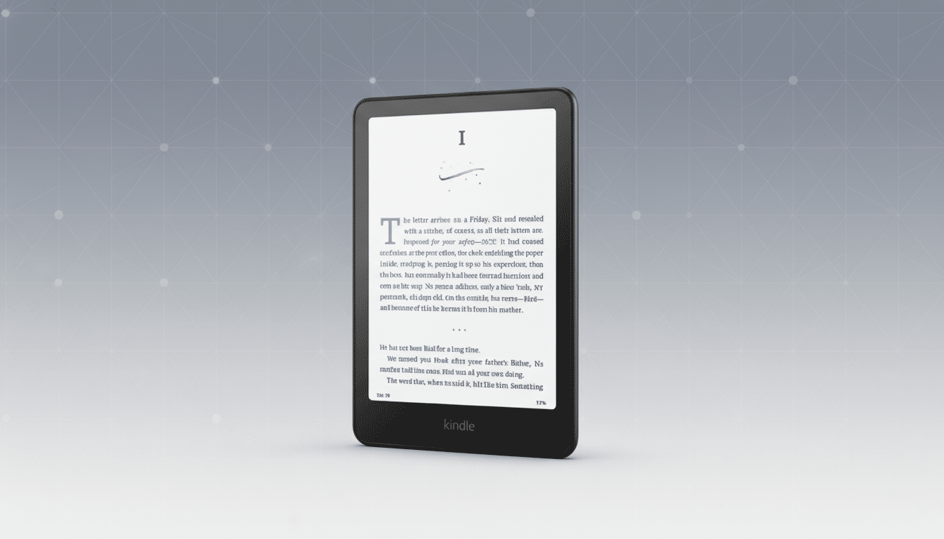 A black Kindle e-reader displaying text on its screen, set against a professional flat design background with soft patterns.