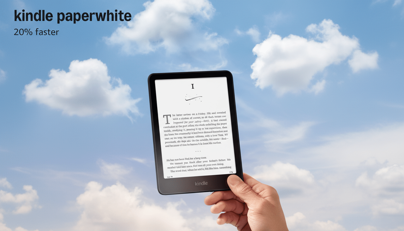 A hand holding a Kindle Paperwhite e-reader against a cloudy blue sky, with text on the screen and kindle paperwhite 20% faster written at the top left.