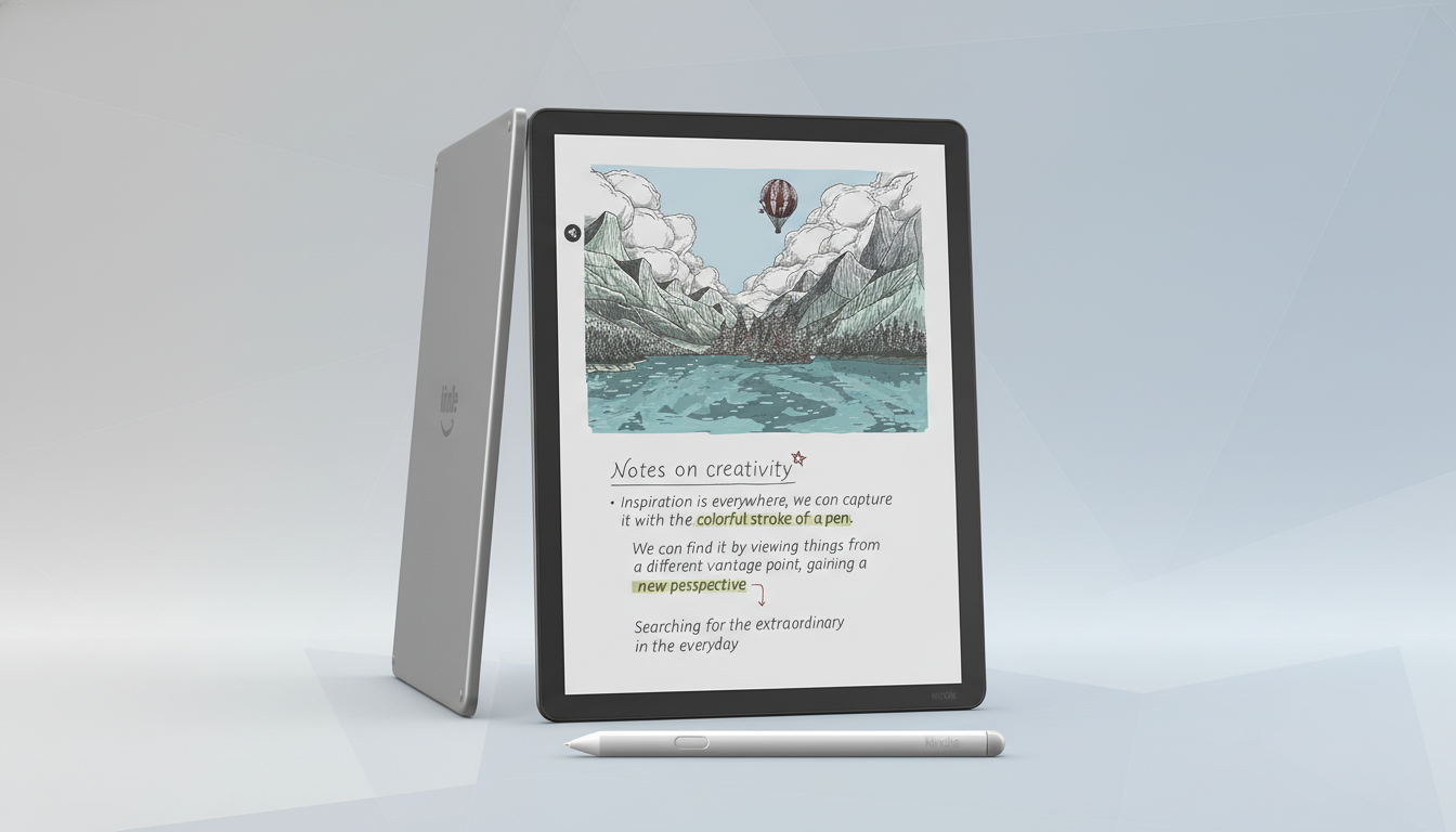 A Kindle Scribe and its stylus are displayed on a professional flat design background with soft gradients. The Kindles screen shows a drawing of mountains and a lake with text overlayed.