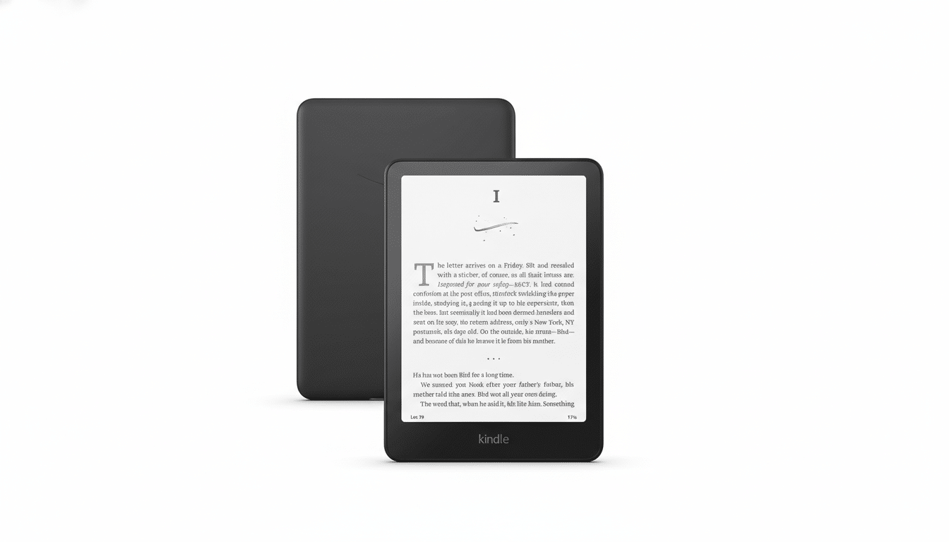 A black Kindle e-reader displaying text on its screen, with another black Kindle device positioned behind it, all set against a clean white background.