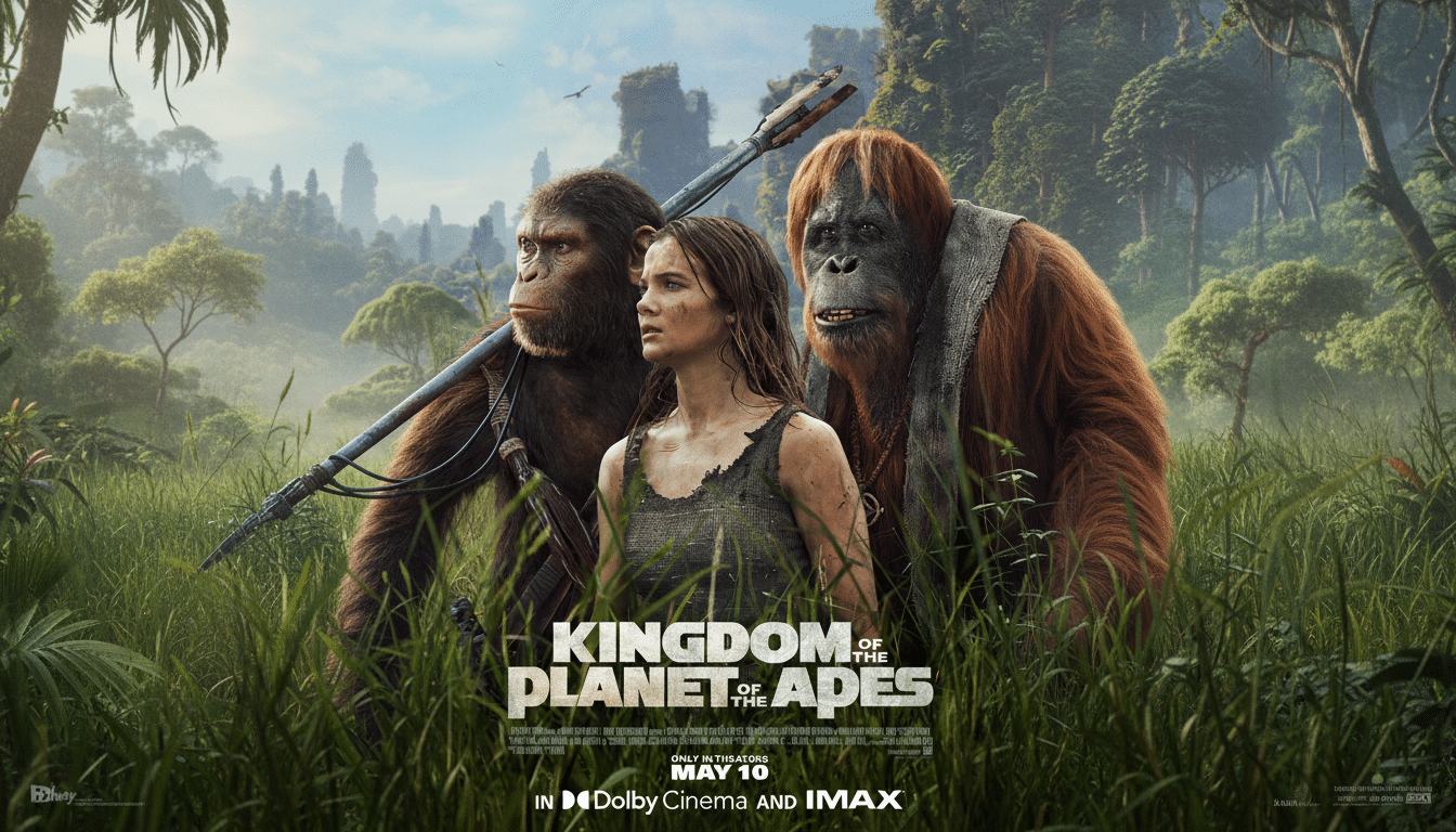 A movie poster for Kingdom of the Planet of the Apes showing a young woman standing between two apes in a lush, green jungle environment.