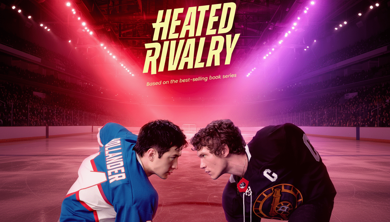Two male hockey players, one in a blue and white jersey and the other in a black jersey, face each other intensely on an ice rink under bright red and purple arena lights. The title HEATED RIVALRY is prominently displayed above them.