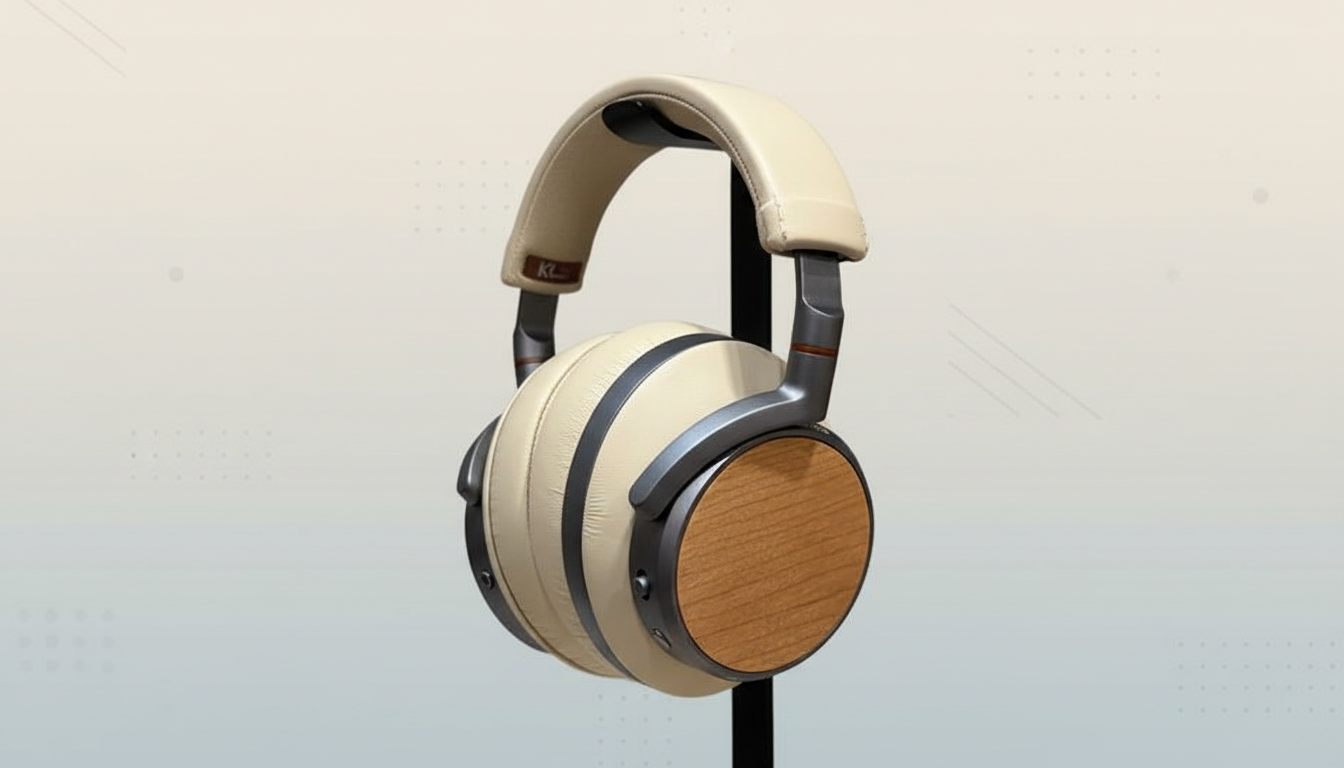 A pair of cream-colored headphones with wooden earcups, presented on a stand against a professional flat design background with soft patterns.