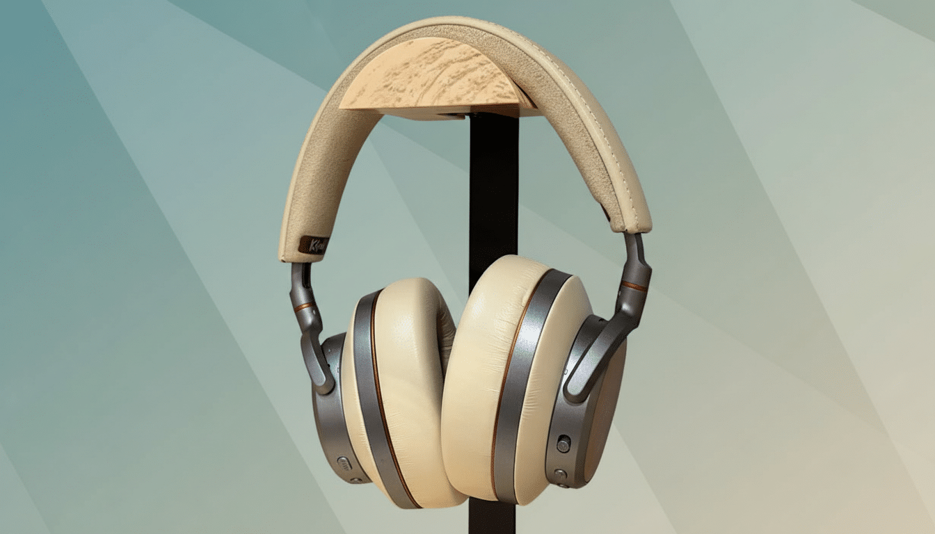 A pair of cream-colored headphones with silver accents hanging on a wooden stand, set against a professional flat design background with soft blue and green gradients.