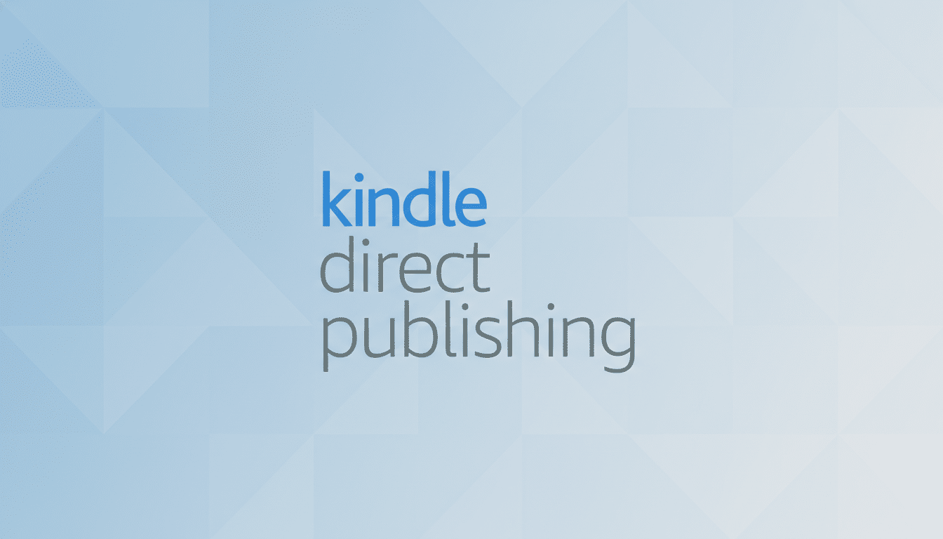 The Kindle Direct Publishing logo, featuring kindle in blue and direct publishing in gray, centered on a light blue background with a subtle geometric pattern.