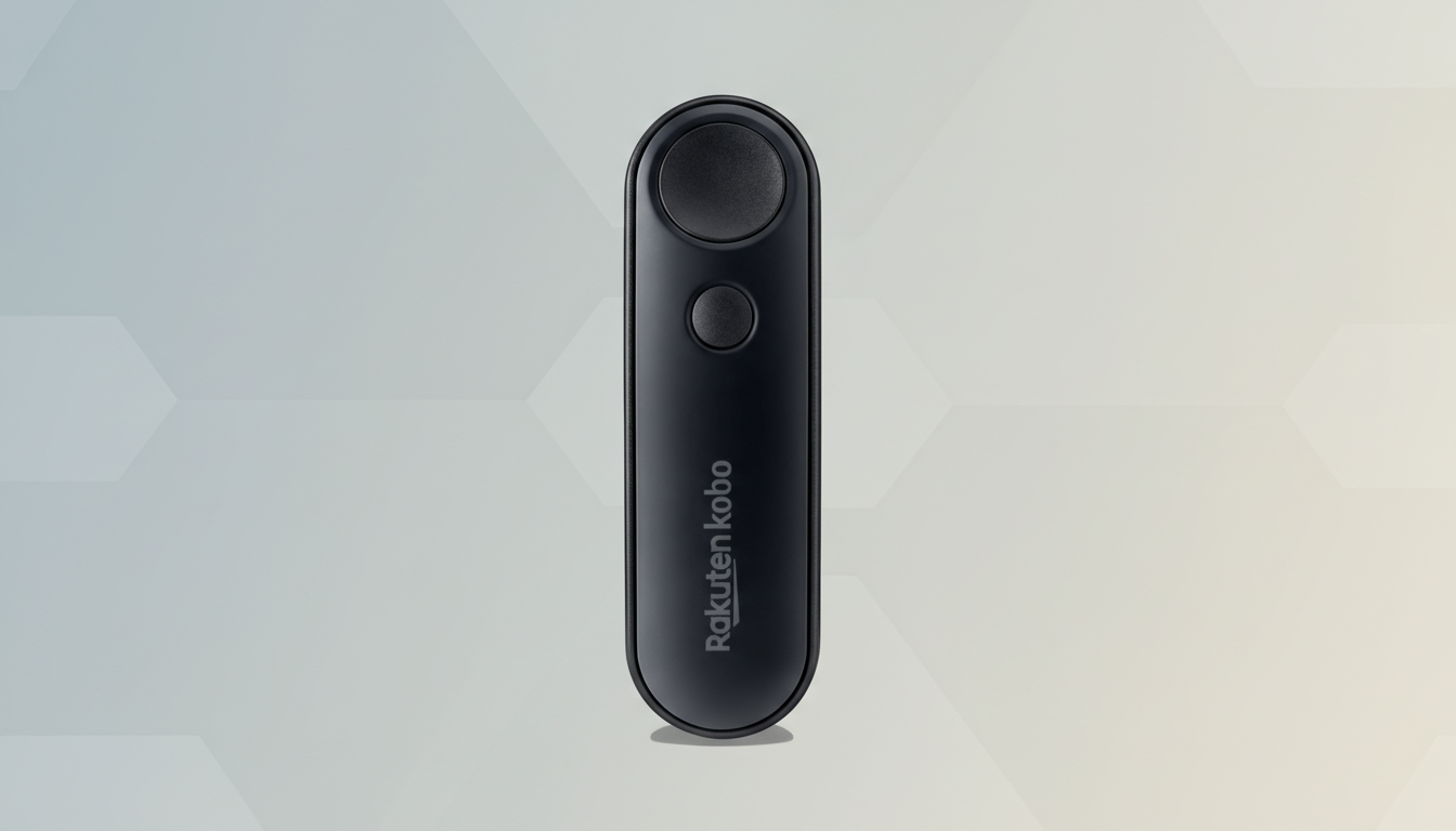 A black Rakuten Kobo page turner remote control is centered on a professional flat design background with soft gray and beige gradients and subtle geometric patterns.