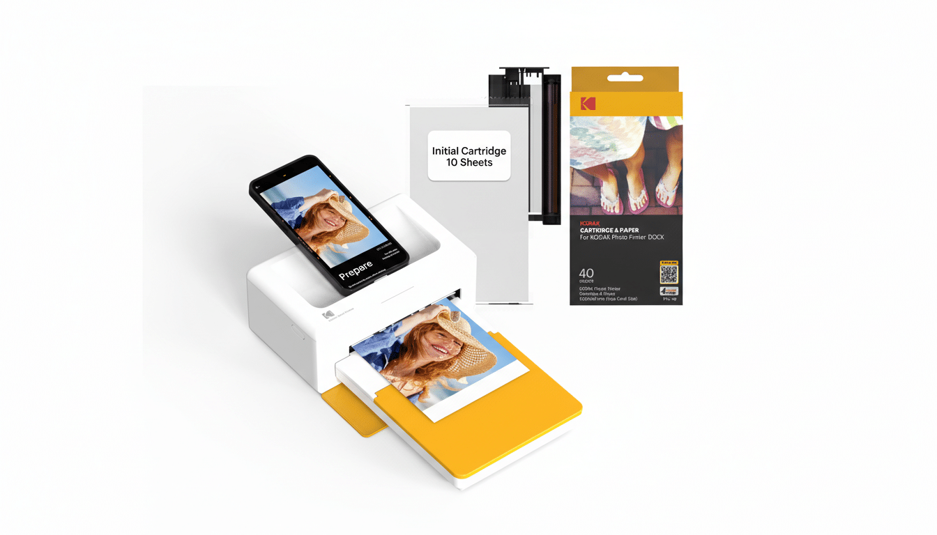 A white Kodak photo printer dock with a smartphone displaying a woman in a hat, printing a photo of the same woman. Next to it are a 10-sheet initial cartridge and a box of Kodak cartridge and paper for 40 sheets.