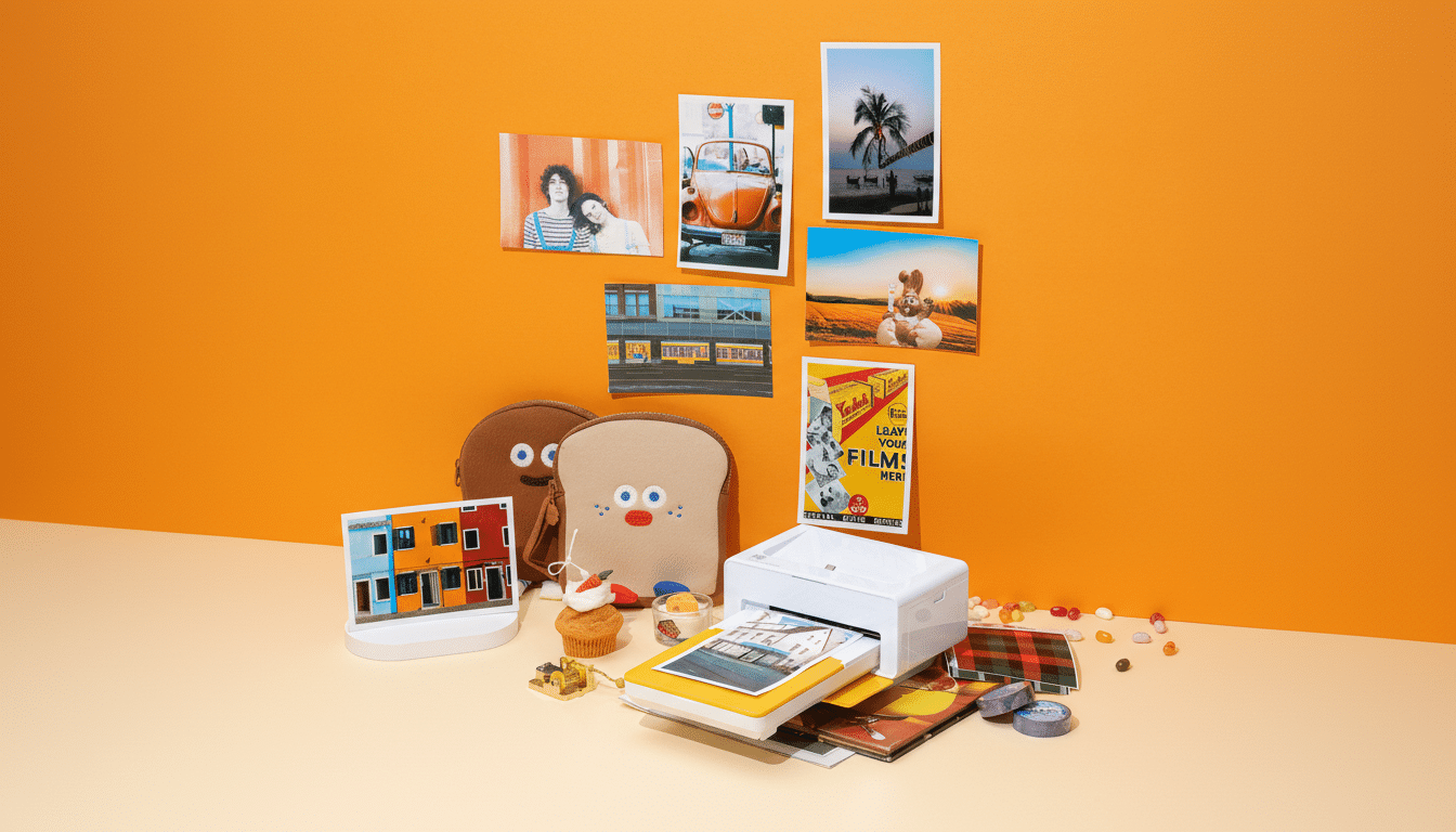 A white portable photo printer on a beige surface, surrounded by various printed photos, two character-shaped pouches, a cupcake, and colorful candies, all against an orange background.