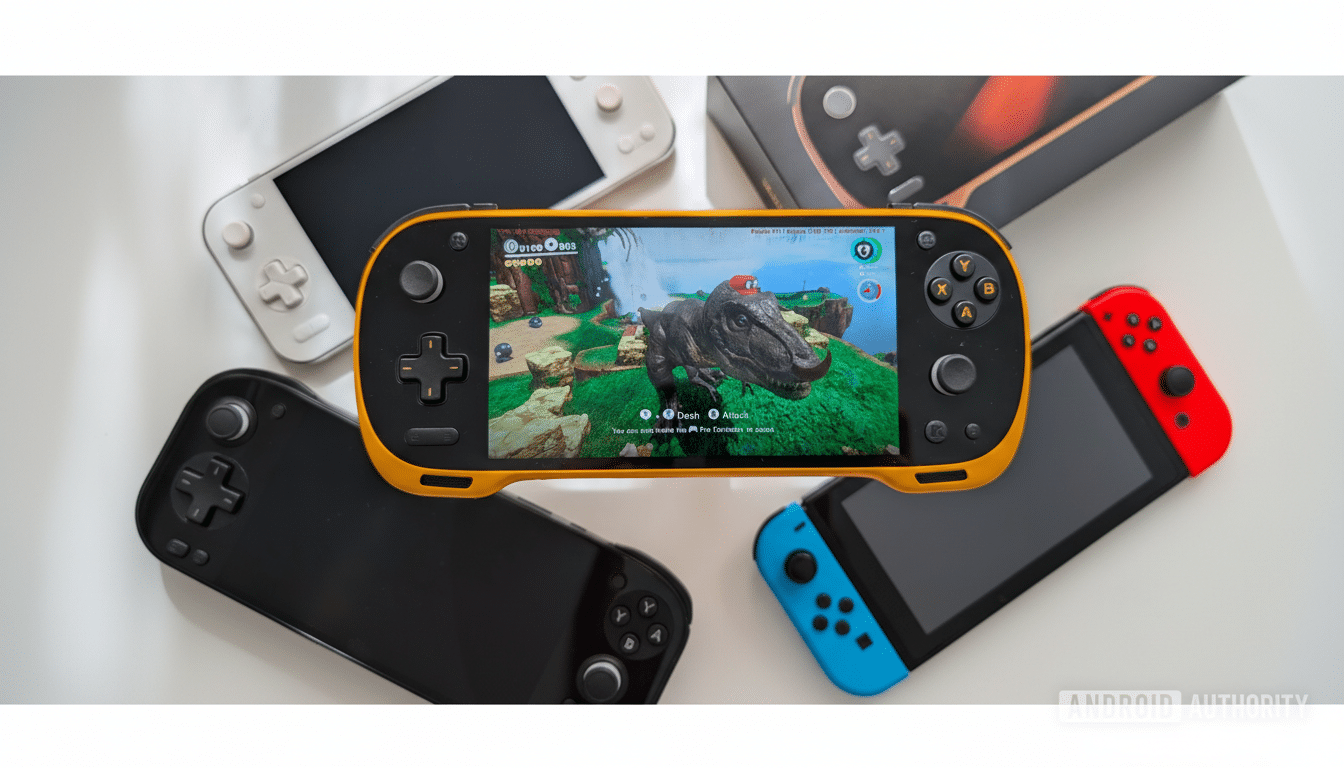 A yellow and black handheld gaming console displaying a video game with a dinosaur, surrounded by other gaming devices.