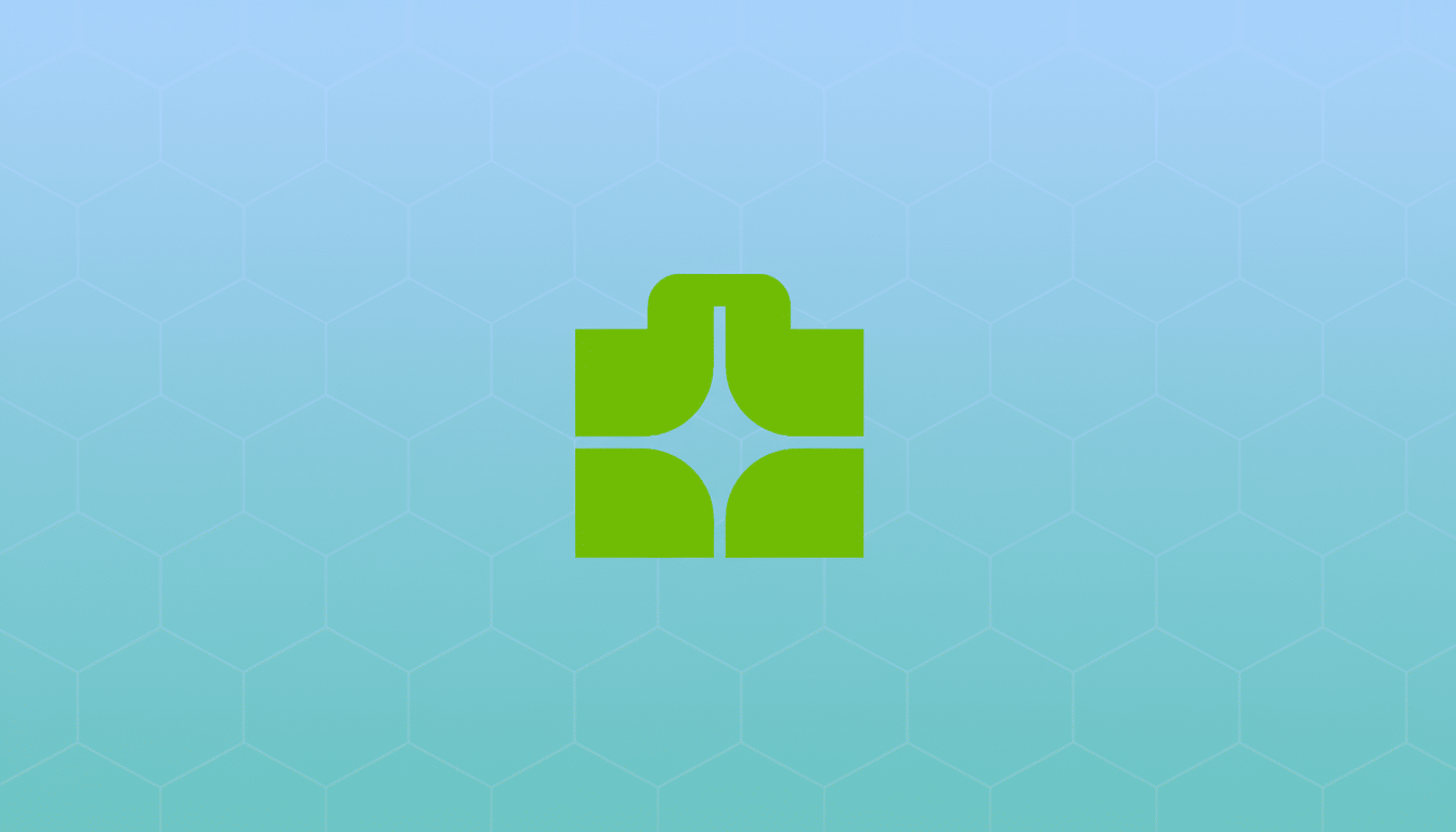 A green abstract logo resembling a stylized gift box or package, with a star-like shape in the center, set against a professional light blue gradient background with a subtle hexagonal pattern.