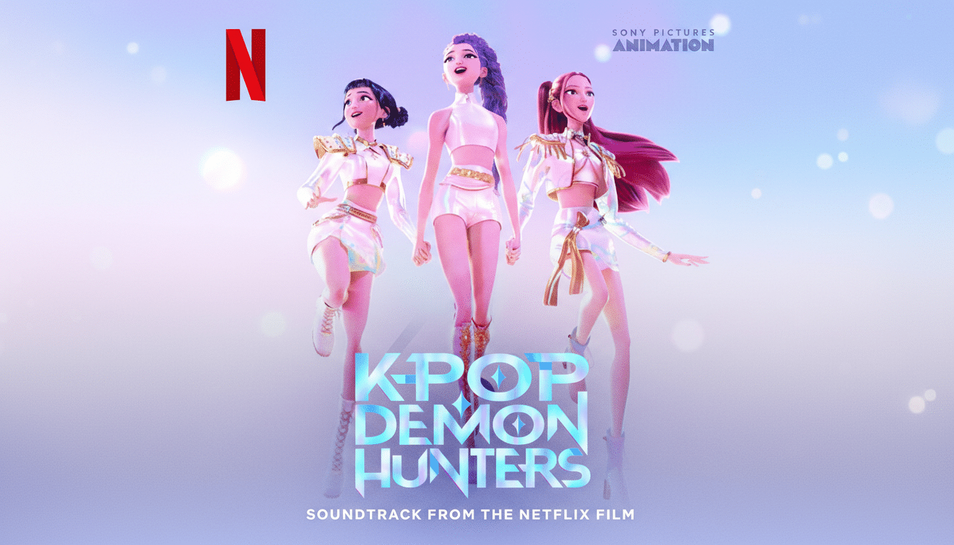 A promotional image for K-Pop Demon Hunters soundtrack, featuring three animated female characters in white and gold outfits, with the Netflix logo and Sony Pictures Animation logo in the upper corners. The title K-POP DEMON HUNTERS is prominently displayed at the bottom, with SOUNDTRACK FROM THE NETFLIX FILM below it.