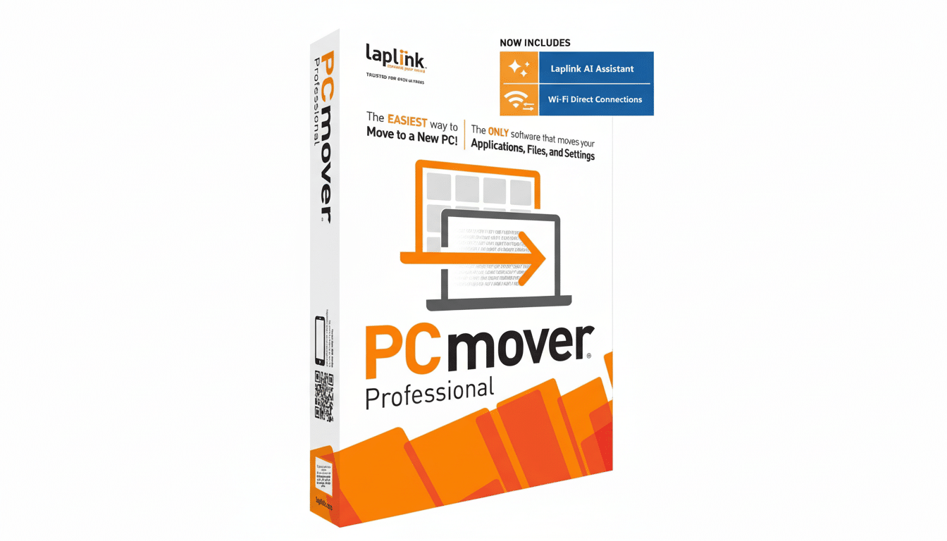 A 16:9 aspect ratio image of the PCmover Professional software box, featuring a white background.
