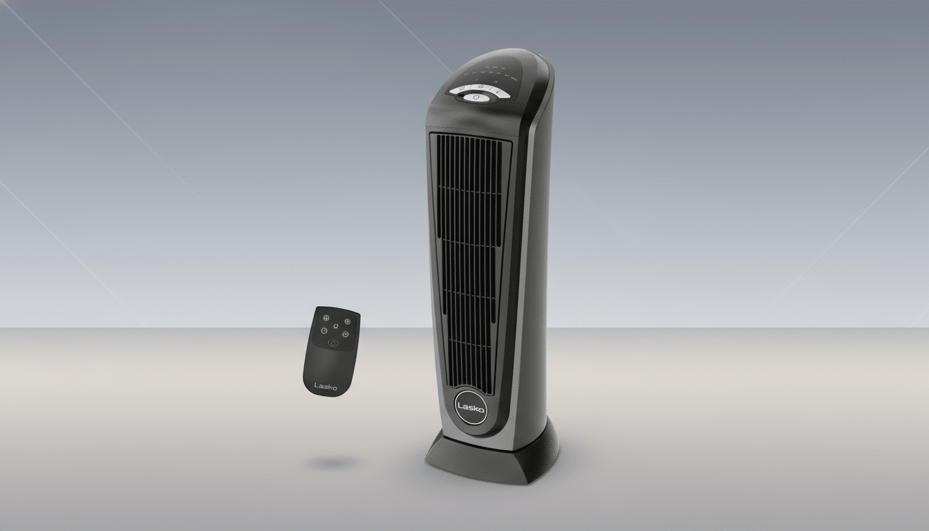 A black Lasko tower fan and its remote control are presented on a professional flat design background with soft gray gradients.