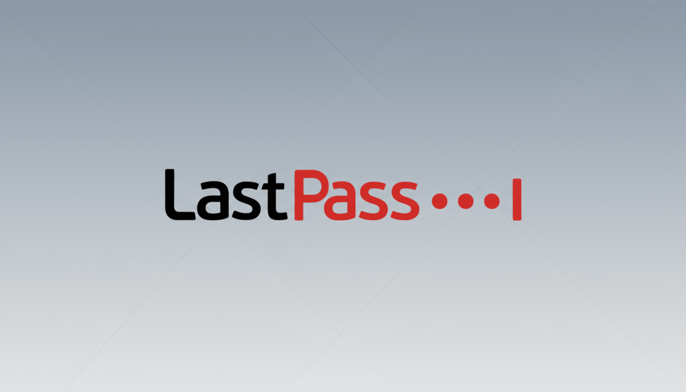 The LastPass logo, featuring Last in black and Pass in red, followed by three red dots and a red vertical line, centered on a professional light gray gradient background with subtle geometric patterns.
