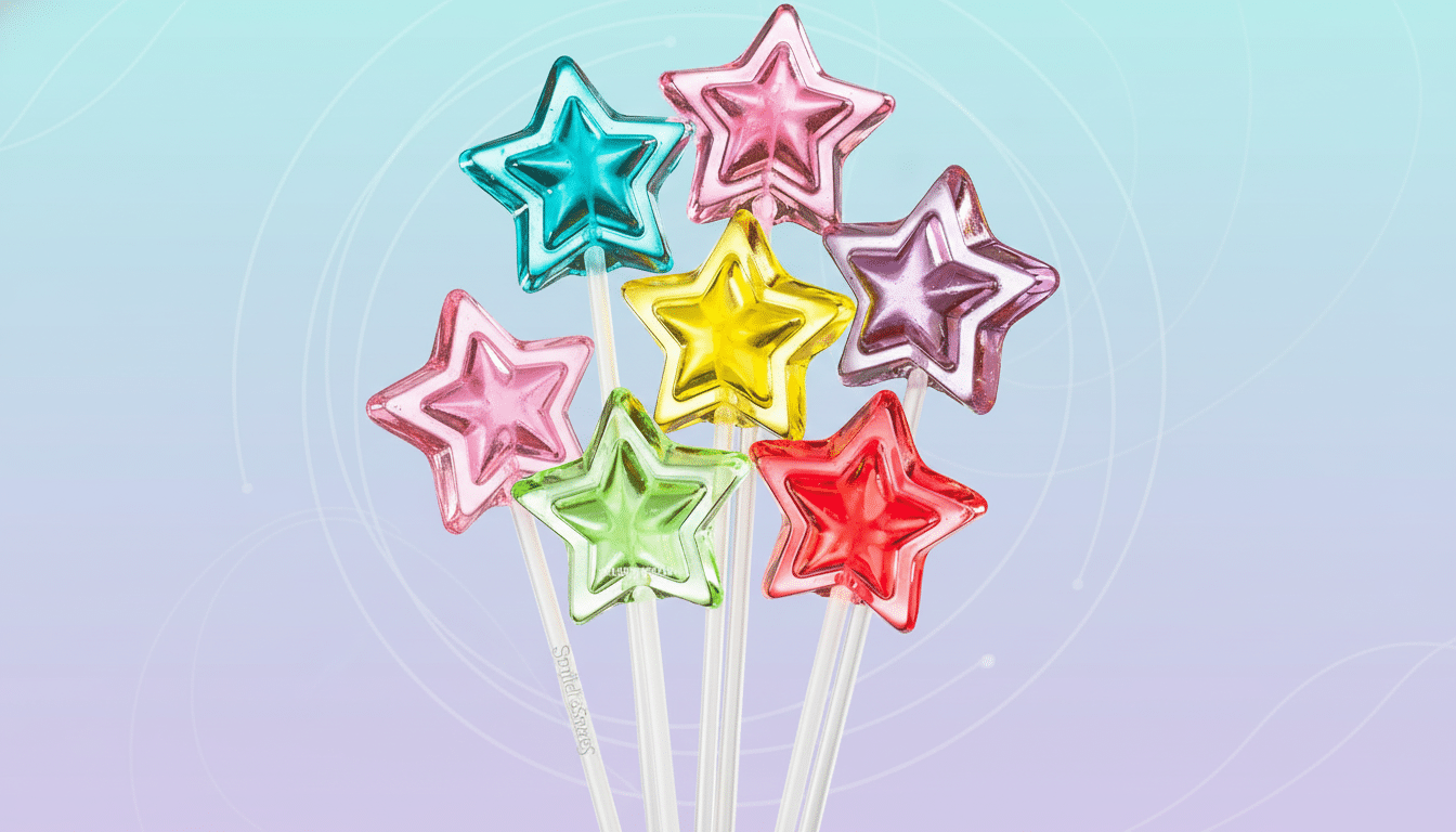 A collection of colorful star-shaped lollipops with a professional flat design background featuring soft patterns and gradients.