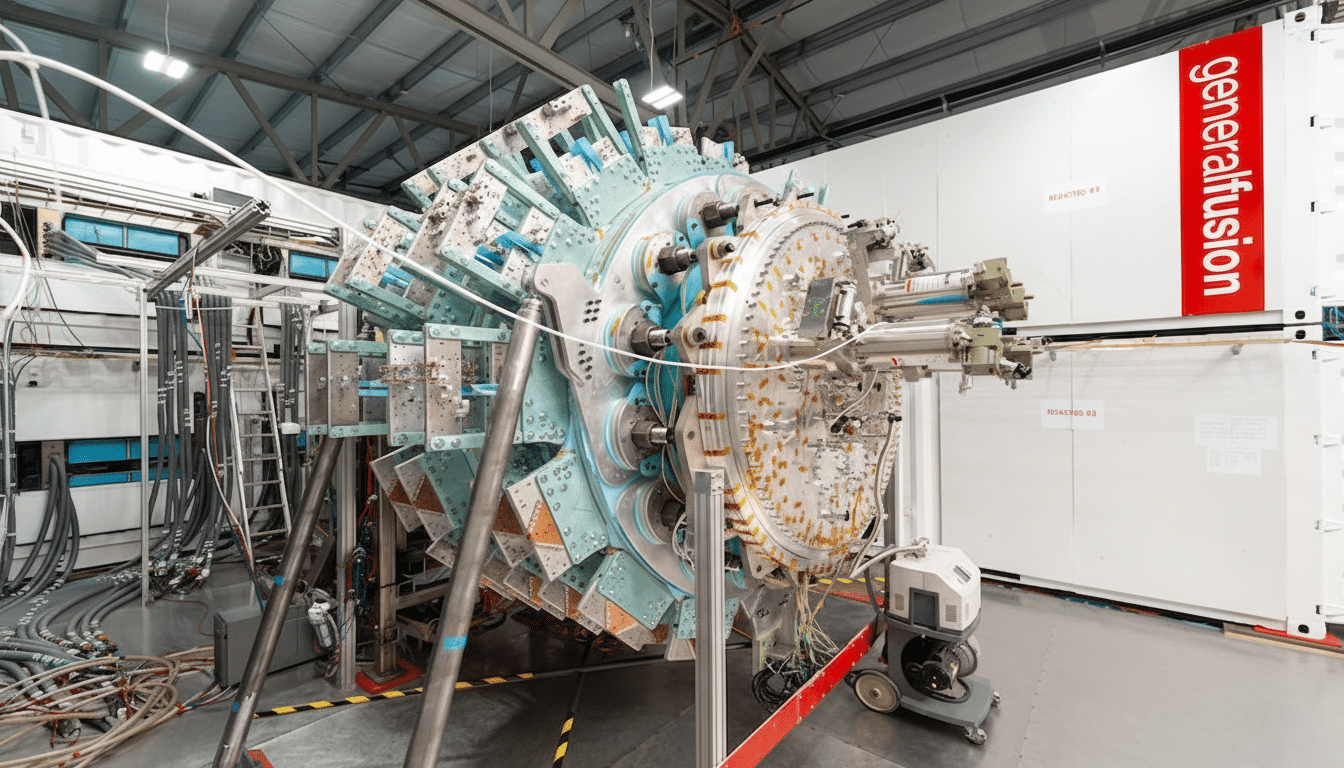 A large, complex piece of industrial machinery with many components and wires, set against a backdrop of white containers with generalfusion written in red.