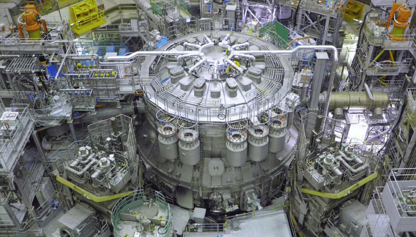 An overhead view of a complex, circular scientific apparatus surrounded by intricate machinery and scaffolding, presented in a 16:9 aspect ratio.