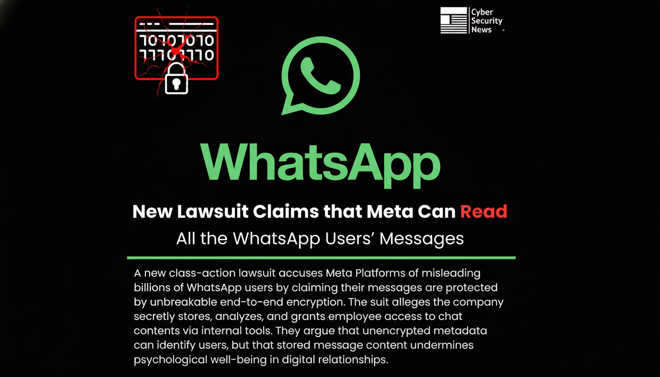 A 16:9 image with the WhatsApp logo and text about a lawsuit claiming Meta can read user messages.