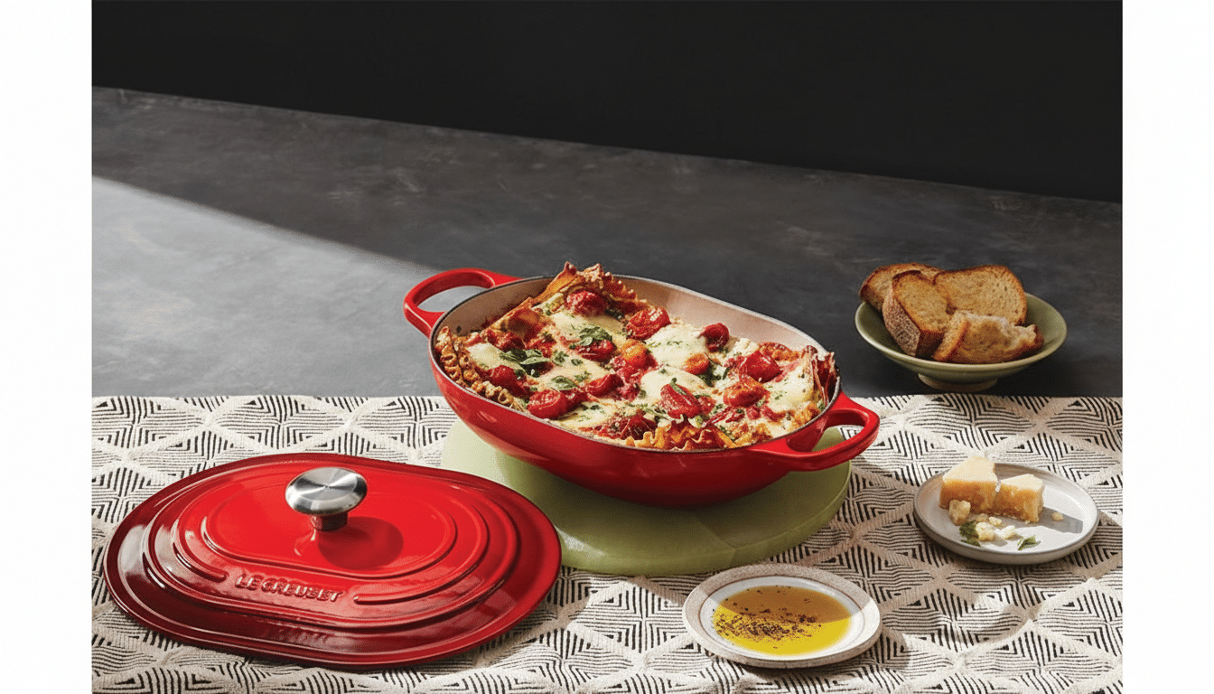 A red Le Creuset baking dish filled with lasagna, alongside a matching lid, bread, cheese, and olive oil, presented on a patterned tablecloth.