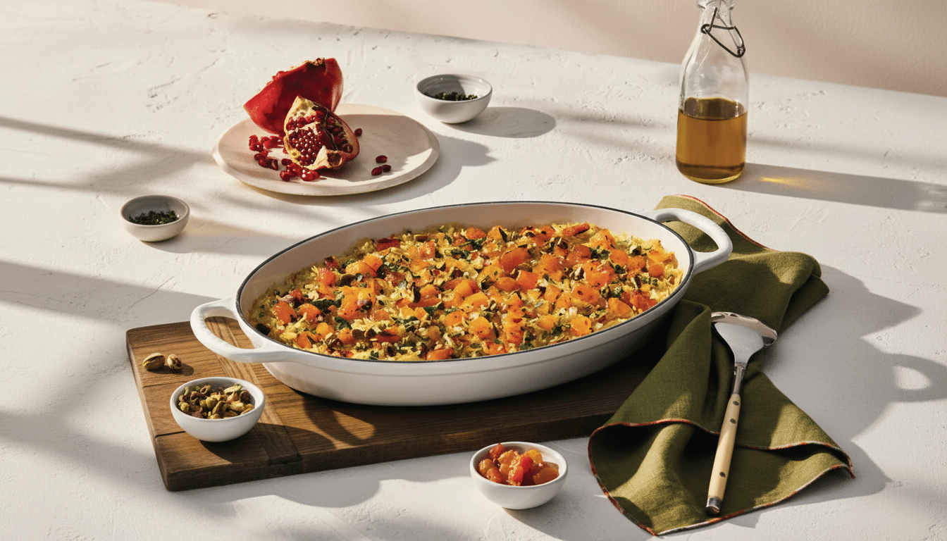 A professionally enhanced image of a butternut squash and rice dish in a white oval baking dish, set on a wooden board with pomegranates, pistachios, and a bottle of olive oil, resized to a 16:9 aspect ratio.