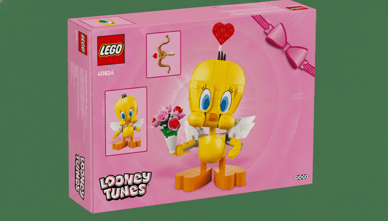 A 16:9 aspect ratio image of a pink LEGO box featuring a Tweety Bird cupid figure, with a professional flat green background.