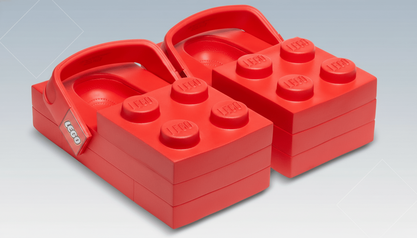 A pair of red LEGO-themed sandals with a professional flat design background.