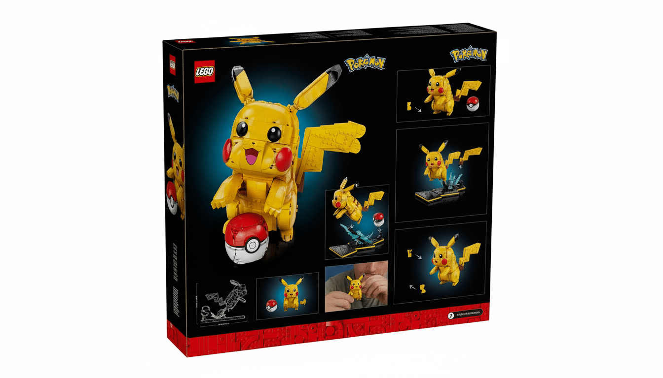 A 16:9 aspect ratio image of a LEGO Pokémon Pikachu set box, featuring the built Pikachu figure and various smaller images showcasing details and features of the set.