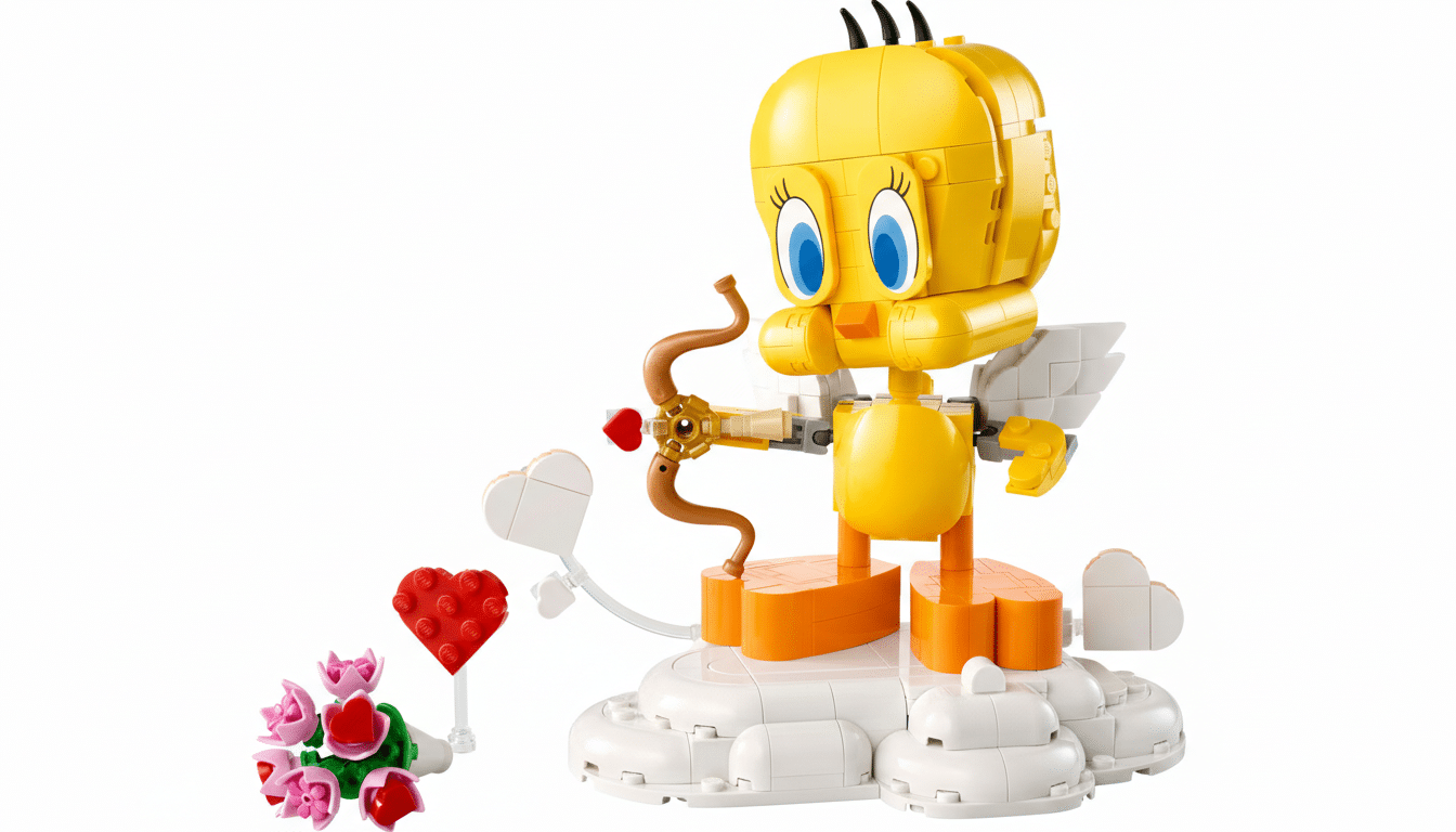 A Lego figure of Tweety Bird dressed as Cupid, holding a bow and arrow, standing on a white cloud base with a bouquet of pink flowers and a red heart next to it.