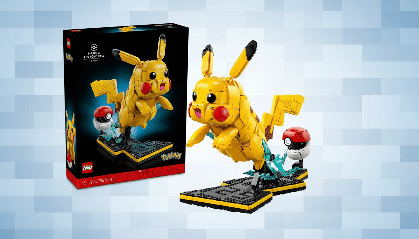 A LEGO Pikachu and Poké Ball set, with the assembled Pikachu model in the foreground and its product box in the background, presented on a professional light blue gradient background.