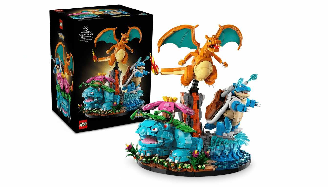 A 16:9 aspect ratio image of a LEGO Pokémon set featuring Charizard, Blastoise, and Venusaur, with the product box in the background, all against a clean white background.