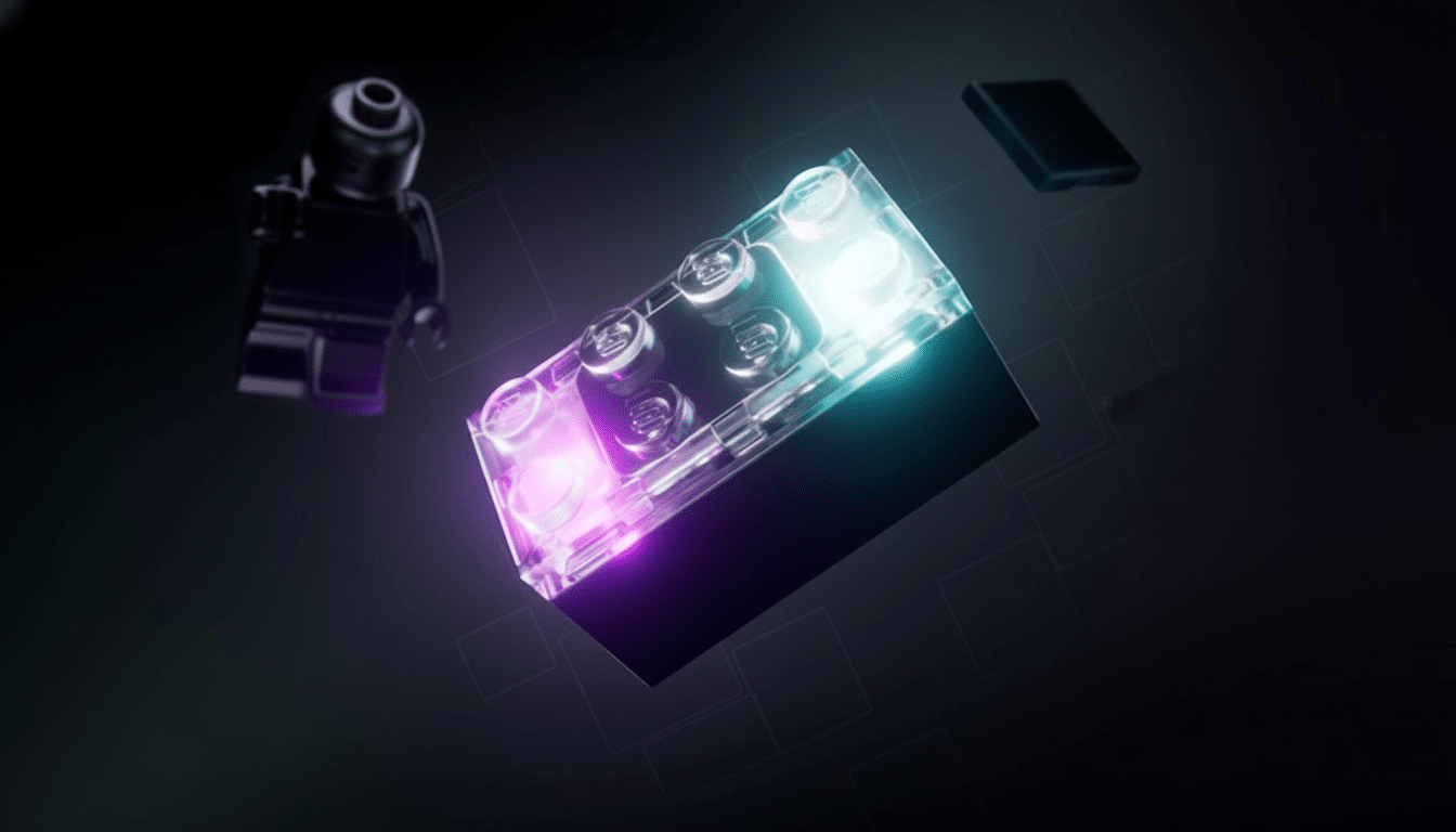 A 16:9 aspect ratio image of a glowing Lego brick with pink and blue lights, a dark Lego figure, and a dark rectangular piece, all against a dark background.