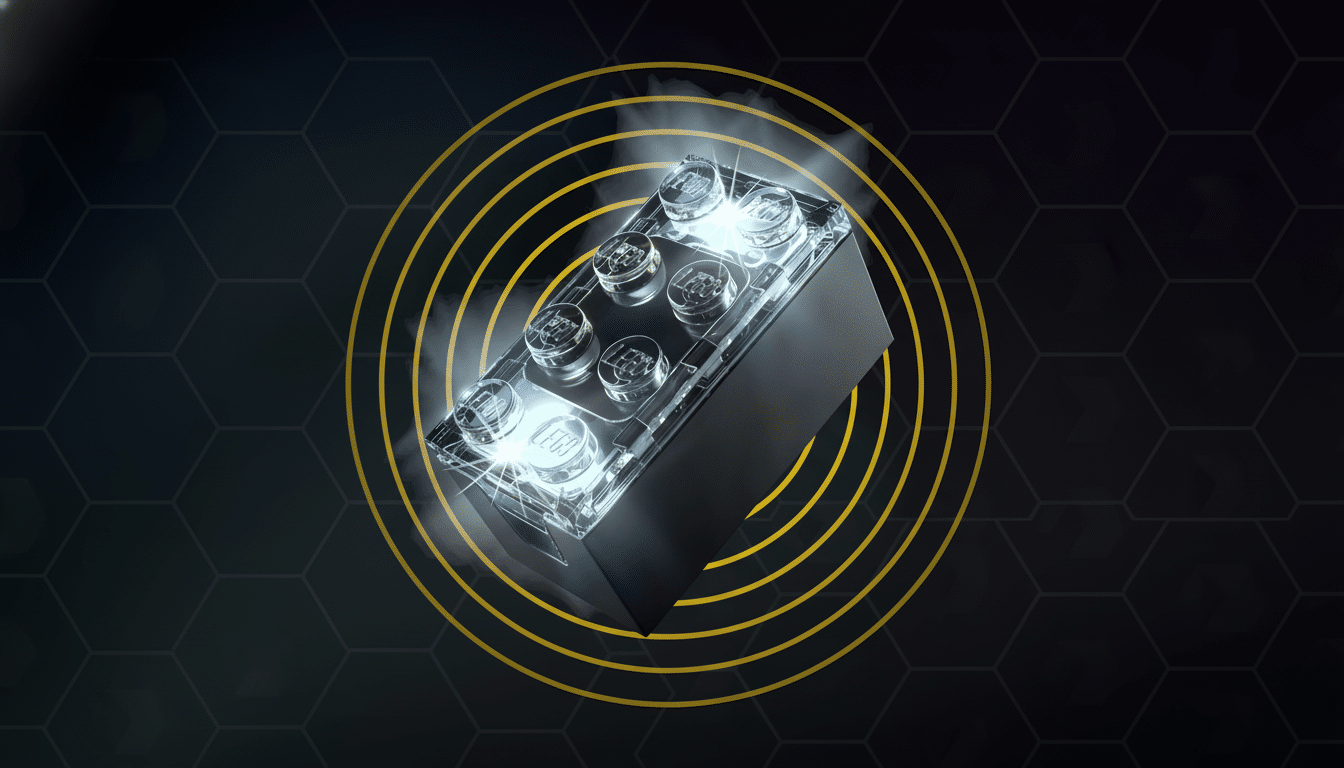 A black LEGO brick with a clear, glowing top, surrounded by yellow concentric circles and a subtle smoky effect, set against a dark background with a faint hexagonal pattern.