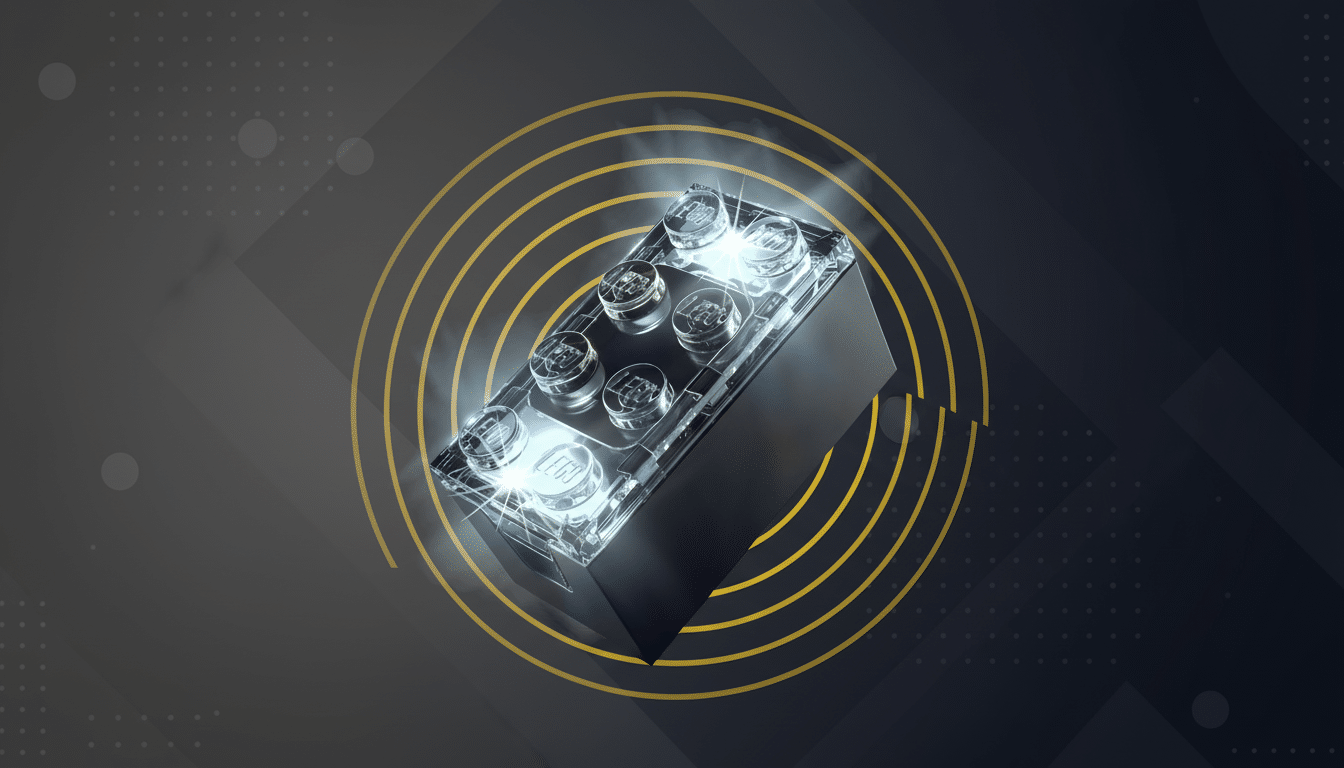 A black LEGO brick with a clear, glowing top, surrounded by yellow concentric circles and subtle smoke, set against a professional dark gray background with soft geometric patterns.