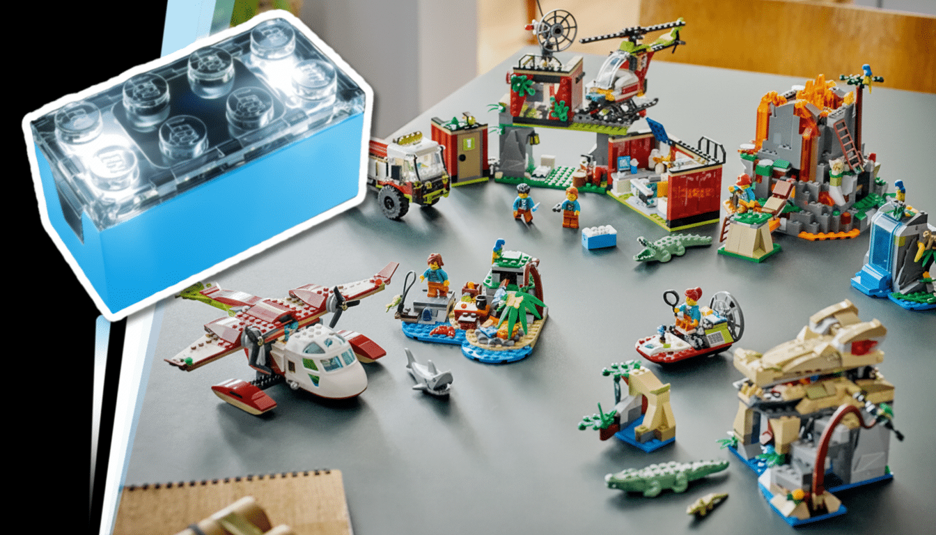 A collection of Lego sets, including a large blue light brick, an airplane, boats, and various buildings with minifigures and animals, arranged on a dark grey table.
