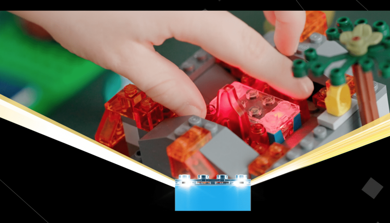 A childs hand playing with a Lego set featuring red and orange translucent bricks representing lava, and green bricks forming a tree, all set against a dark background with a golden and white abstract border.