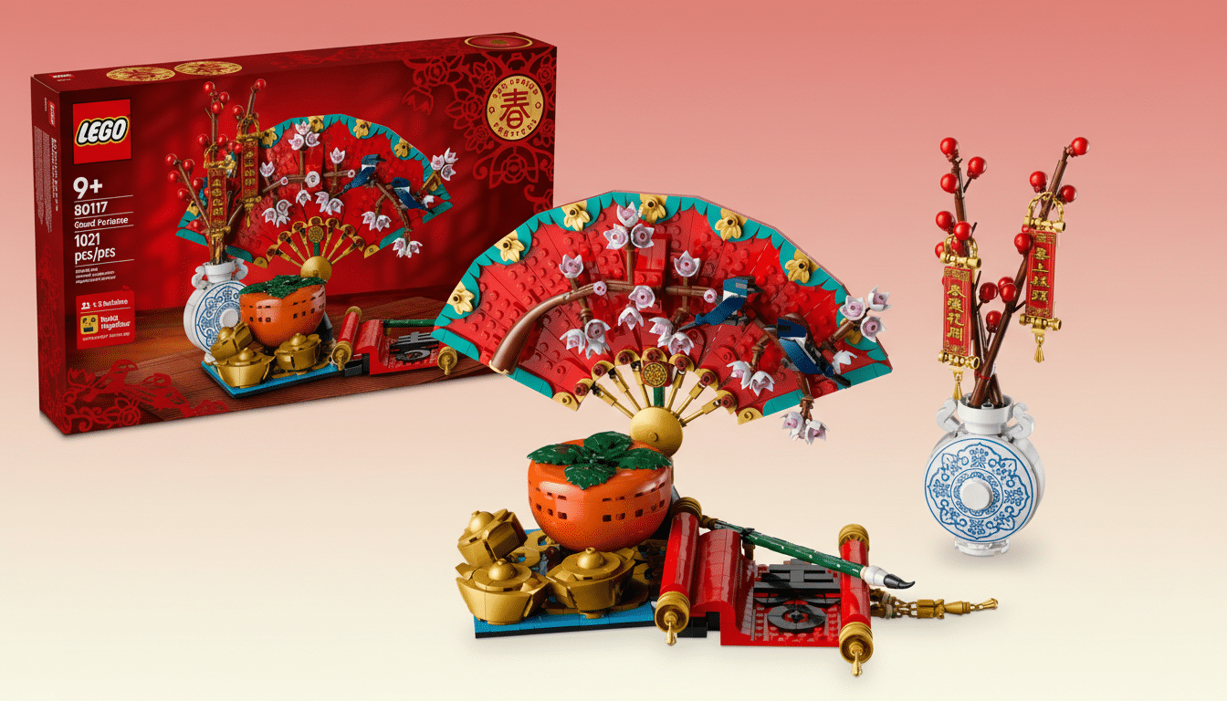 A professionally enhanced image of a LEGO set, Good Fortune, featuring a red fan, a persimmon, gold ingots, and a vase with red berries and scrolls, all presented on a soft gradient background.
