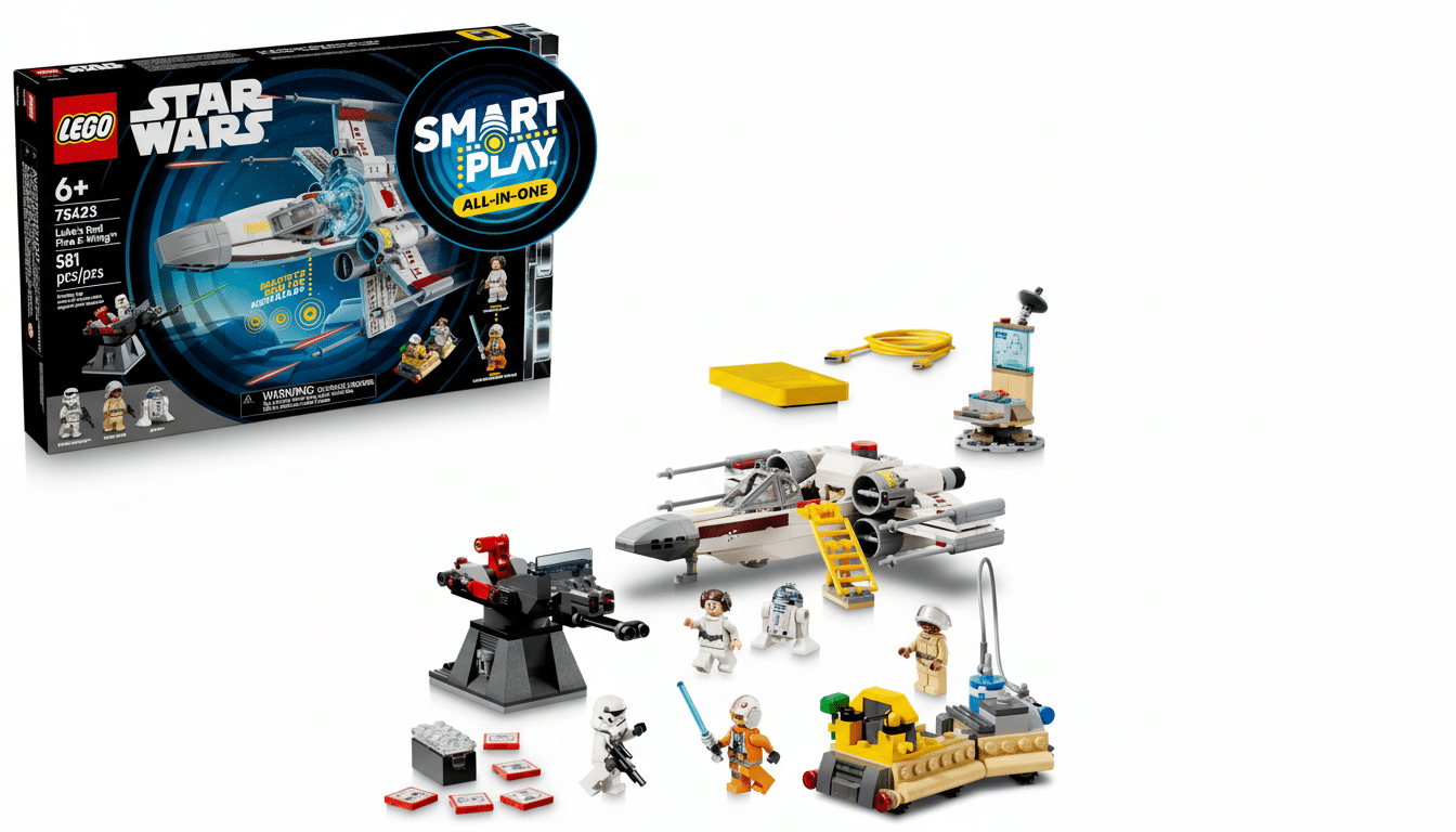 A 16:9 aspect ratio image of the LEGO Star Wars Lukes Red Five X-Wing set, featuring the product box, the assembled X-Wing, several minifigures including Luke Skywalker, R2-D2, and Stormtroopers, and various accessories like a turret and a service cart, all presented on a clean white background.