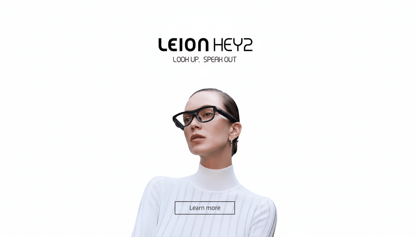 A woman wearing black smart glasses, looking slightly to her left, with the LEION HEY2 logo and LOOK UP. SPEAK OUT tagline above her, and a Learn more button below.