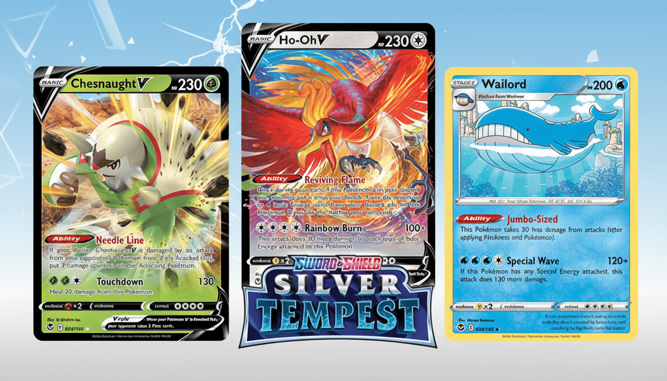 Three Pokémon cards, Chesnaught V, Ho-Oh V, and Wailord, displayed against a professional flat design background with soft patterns and gradients.