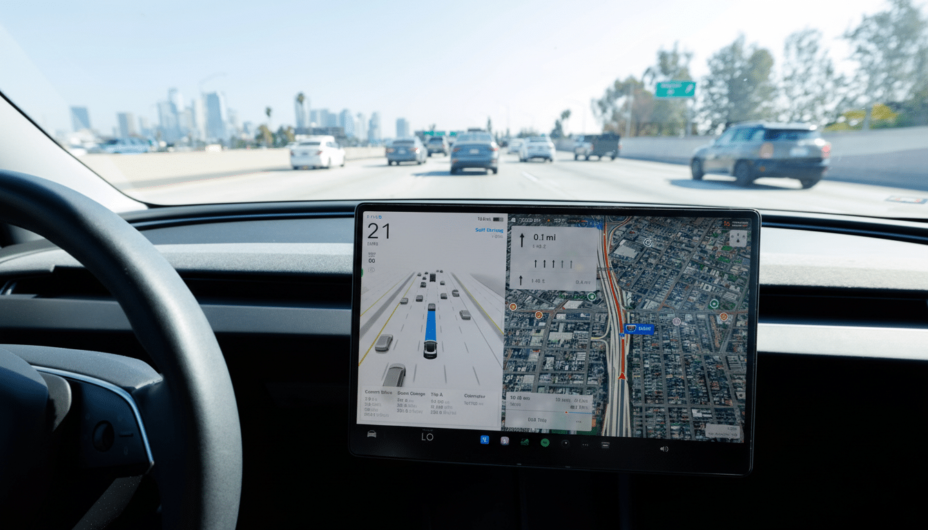 A Teslas dashboard screen displaying navigation and self-driving visualization, with a highway view and city skyline in the background.