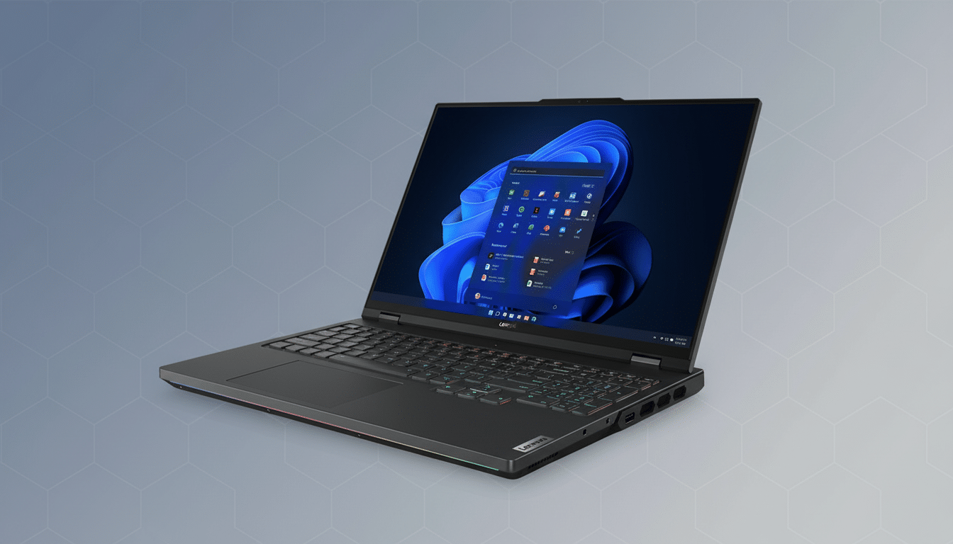A dark gray Lenovo Legion laptop with a colorful backlit keyboard and a screen displaying the Windows 11 desktop, set against a professional gray background with subtle geometric patterns.