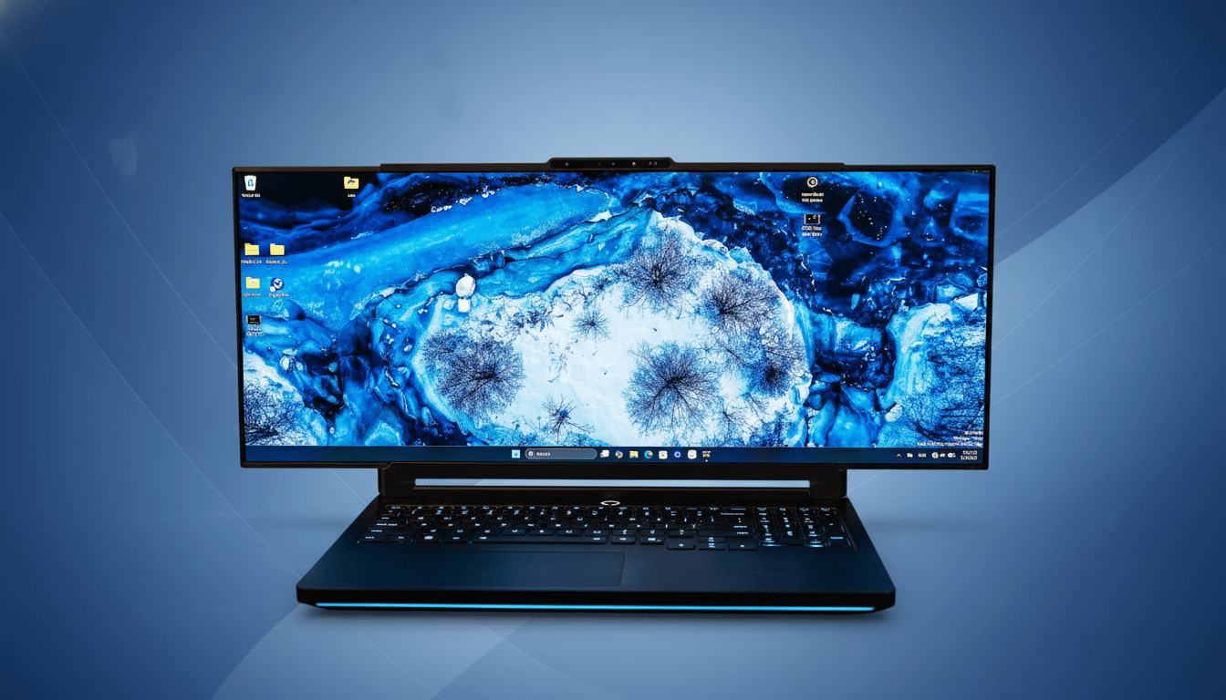 A laptop with a large, wide screen displaying a blue and white icy landscape, set against a professional blue gradient background.