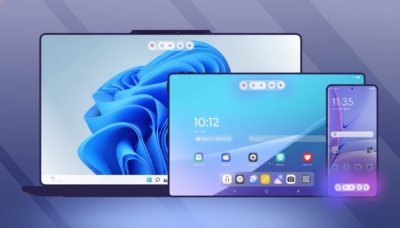 A laptop, tablet, and smartphone displaying various operating system interfaces, set against a professional flat design background with soft gradients.