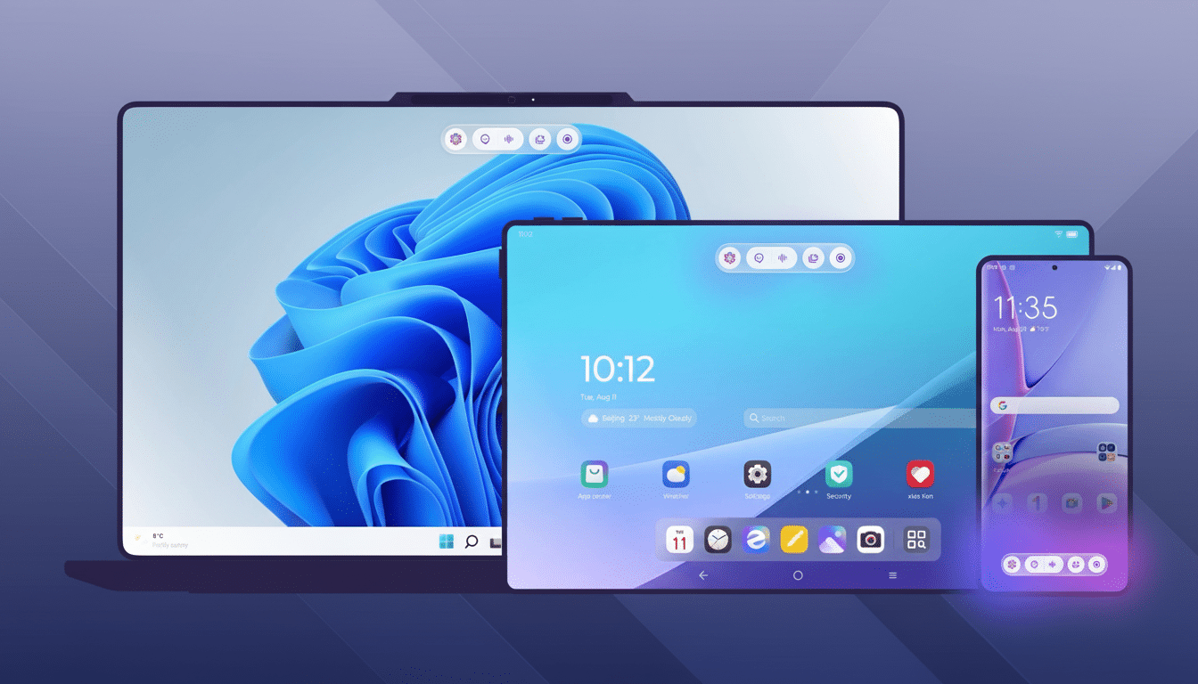 A laptop, tablet, and smartphone displaying different operating systems and interfaces, set against a professional flat design background with soft gradients.