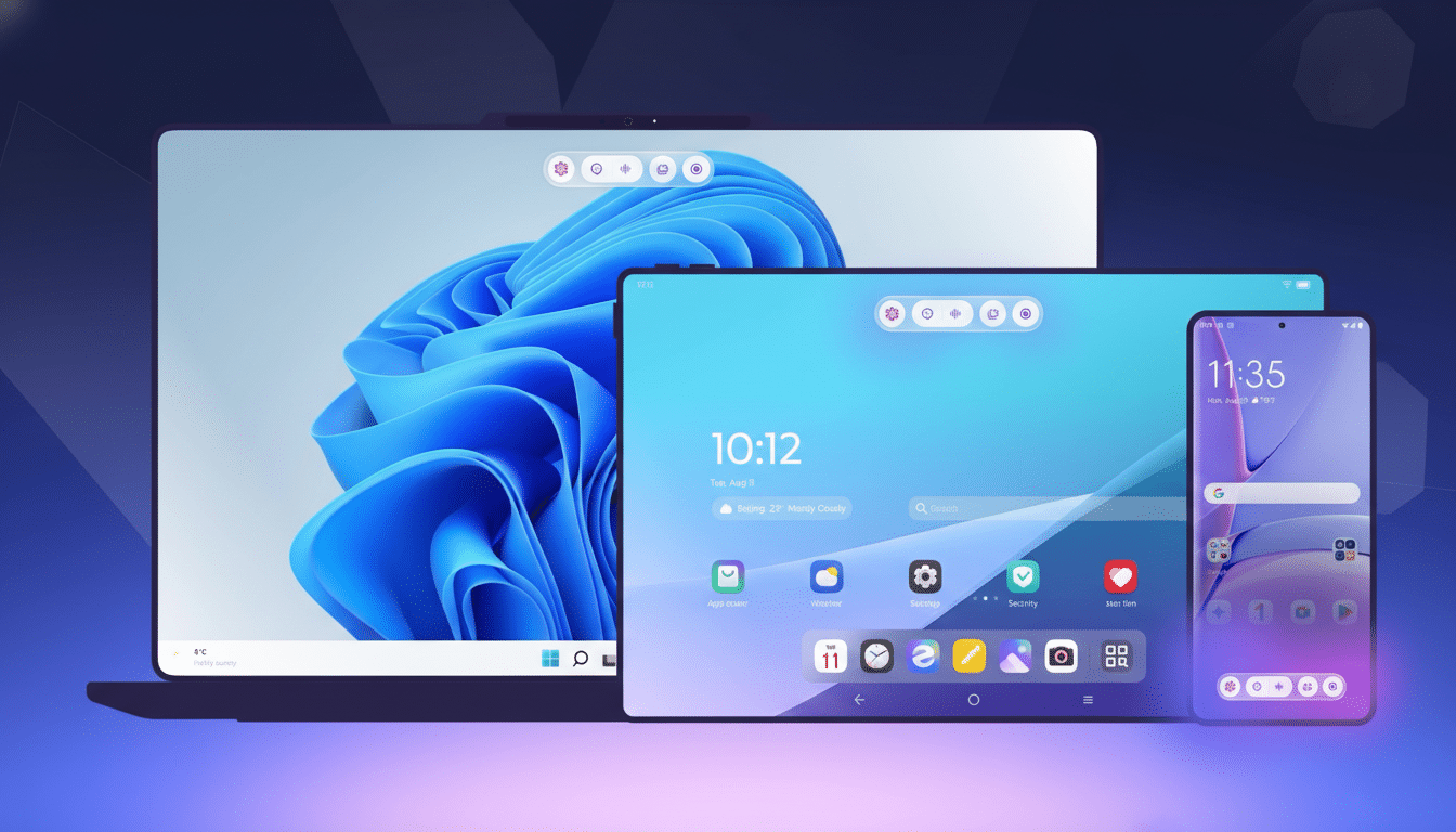 A laptop, tablet, and smartphone displaying different operating systems and interfaces, set against a gradient background.