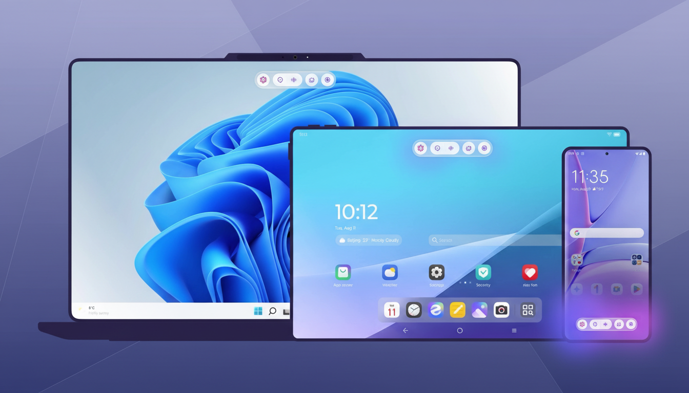 A laptop, tablet, and smartphone displaying various operating system interfaces, professionally presented on a gradient background.