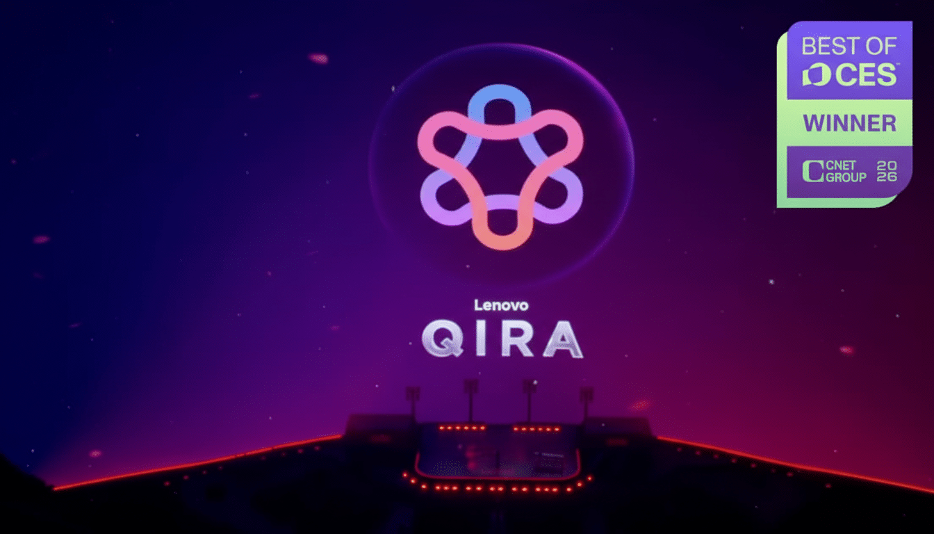 The Lenovo QIRA logo and name are displayed on a large screen with a Best of CES Winner badge.